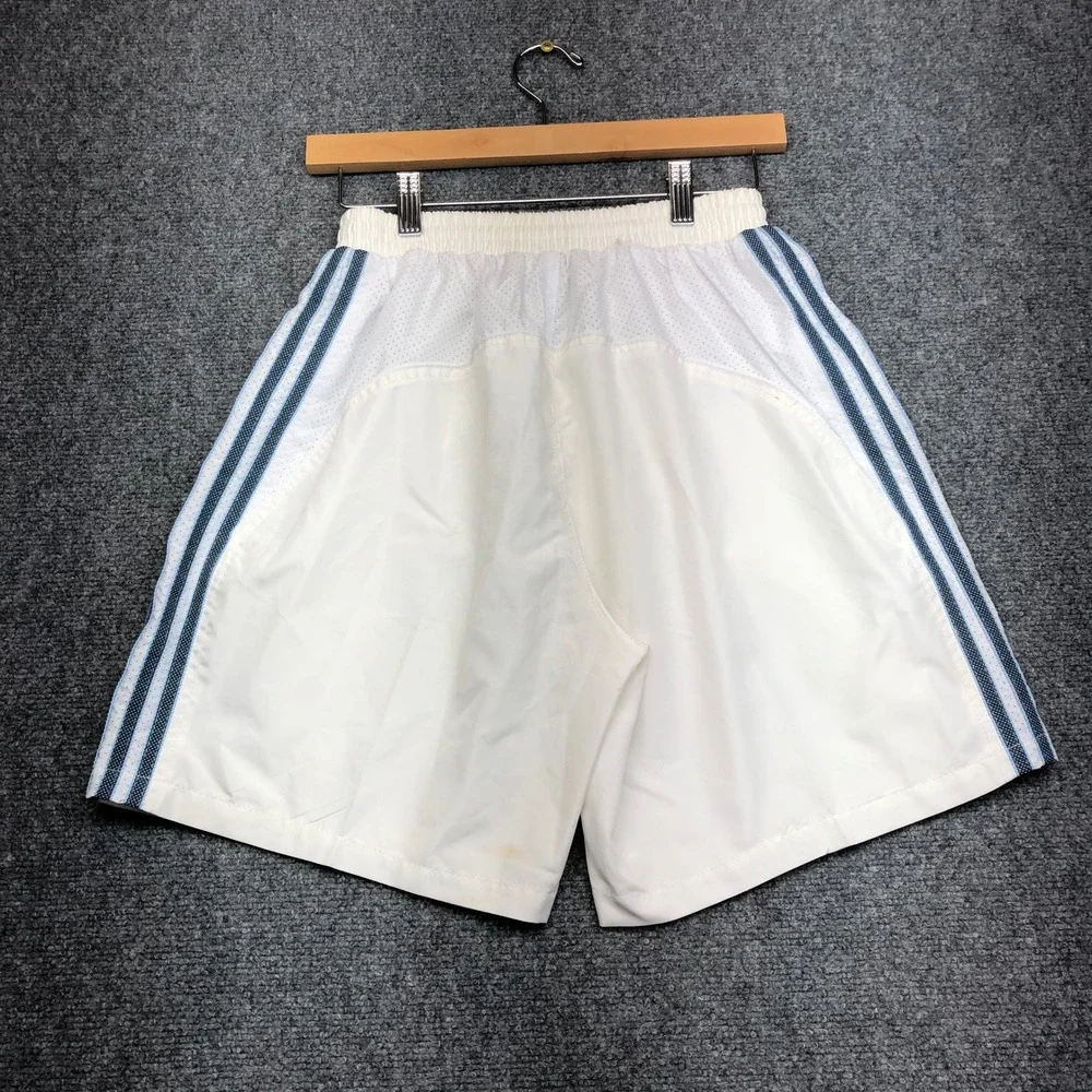 Adidas Vintage Mens XXL White Blue Stripe Athletic Gym Shorts Mesh Lined
